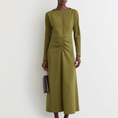 Reiss Chartreuse Green Adriana Ruched Long-Sleeve Midi Dress