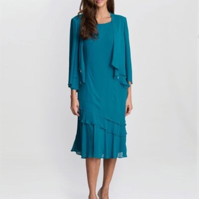 Gina Bacconi Green Lola Jacket And Asymmetric Triple Tiered Dress