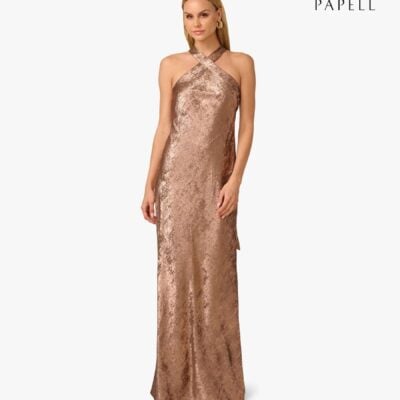 Adrianna Papell Brown Adrianna By Foiled Woven Halter Gown