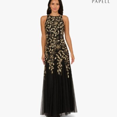 Adrianna Papell Black Halter Bead Godet Dress