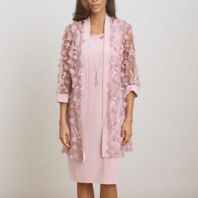 Gina Bacconi Pink Destiny Floral Appliqué Dress and Jacket With Detachable Necklace