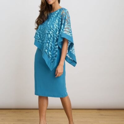 Gina Bacconi Blue Darlene Embroidered Cape Dress
