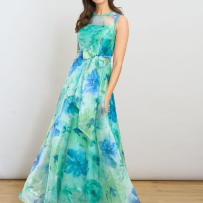 Gina Bacconi Green Amy Printed Organza Maxi Dress