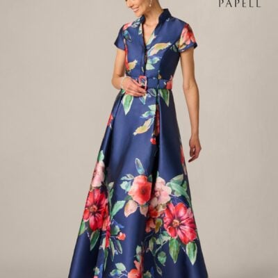 Adrianna Papell Blue Floral Mikado Gown
