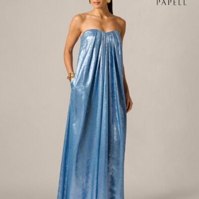 Adrianna Papell Blue Foiled Chiffon Long Dress