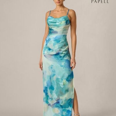 Adrianna Papell Blue Adrianna By Printed Sateen Long Dress