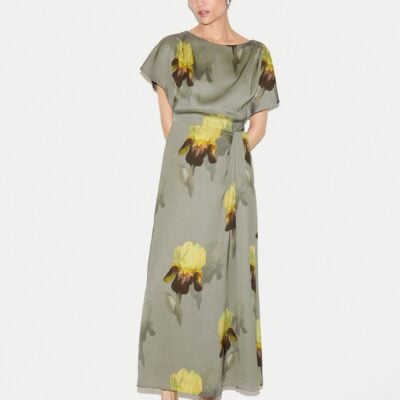 Jigsaw Green Iris Cap Sleeve Satin Dress