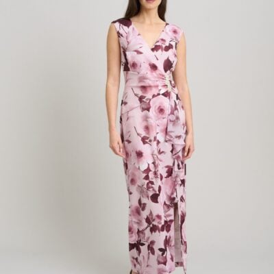 Gina Bacconi Pink Perla Stretch Floral Diamante Trim Maxi Dress