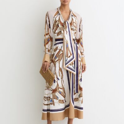 Reiss Ivory/Neutral Ellie Petite Foulard-Print Tie-Neck Midi Dress