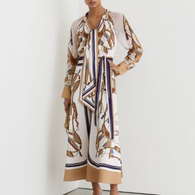 Reiss Ivory/Neutral Ellie Foulard-Print Tie-Neck Midi Dress