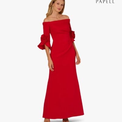 Adrianna Papell Red Rosette Scuba Crepe Gown