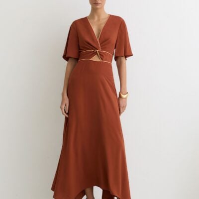 Reiss Rust Orange Rosanna Piped-Trim Cut-Out Midi Dress