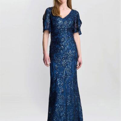 Gina Bacconi Blue Jeselle A-Line Sequin Maxi Dress