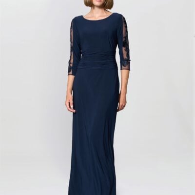 Gina Bacconi Blue Clara Maxi Dress with Embroidered Sleeve