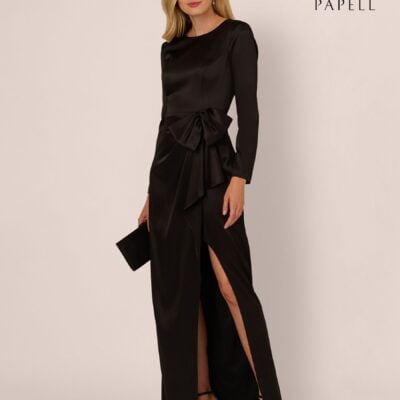 Adrianna Papell Black Stretch Satin Ruffle Gown