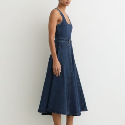 Reiss Indigo Blue Rosie Petite Denim Sleeveless Waisted Midi Dress