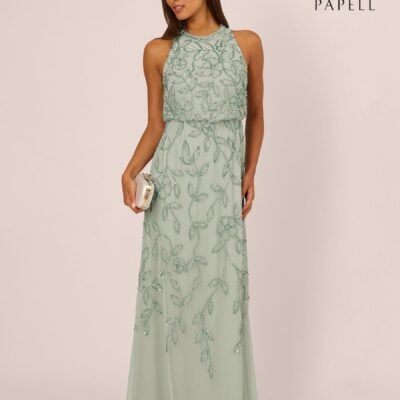 Adrianna Papell Green Blouson Bead Long Dress