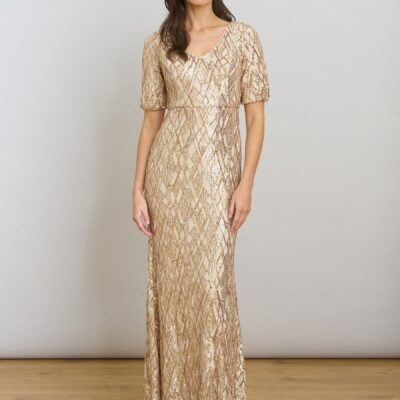 Gina Bacconi Gold Pat Sequin Maxi Dress