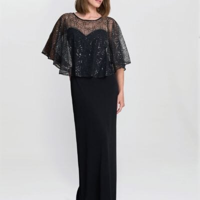 Gina Bacconi Black Anoushka Maxi Dress With Sheer Beaded Cape