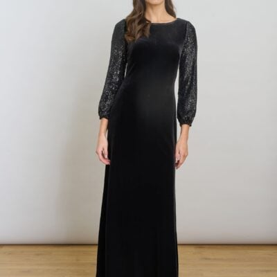 Gina Bacconi Black Pauline Velvet Maxi Dress with Sequin Sleeves