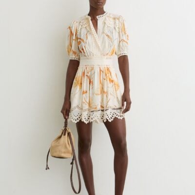 Reiss Ivory/Pink Lacey Floral-Print Lace-Trim Mini Dress