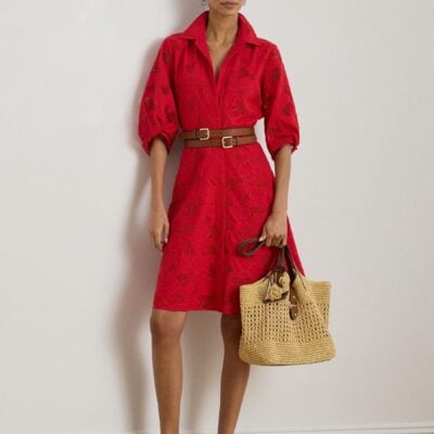 Lauren Ralph Lauren Red Eyelet Voile Balloon-Sleeve Shirtdress