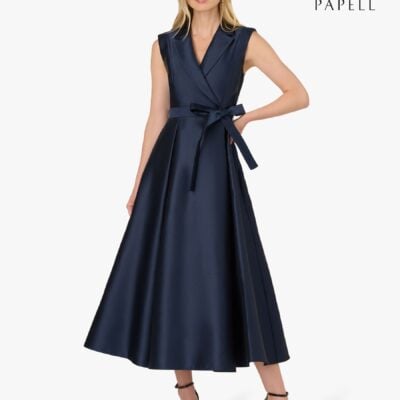 Adrianna Papell Blue Lapel Mikado Ankle Dress