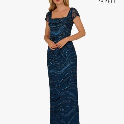 Adrianna Papell Blue Bead Column Long Dress