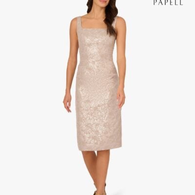 Adrianna Papell Grey Square Neck Jacq Midi Dress