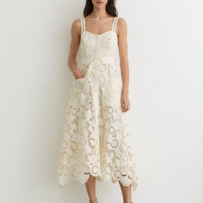 Reiss Cream Kerina Cotton-Blend Lace Button-Front Midi Dress