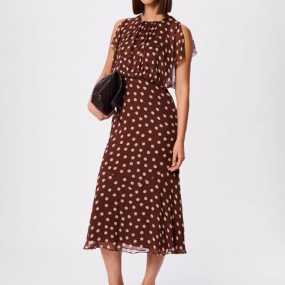 Whistles Brown Polka Dot Print Midi Dress