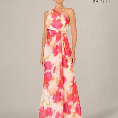 Adrianna Papell Pink One Shoulder Chiffon Gown