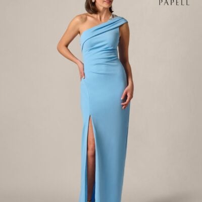 Adrianna Papell Blue One Shoulder Crepe Gown
