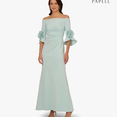 Adrianna Papell Blue Rosette Scuba Crepe Gown
