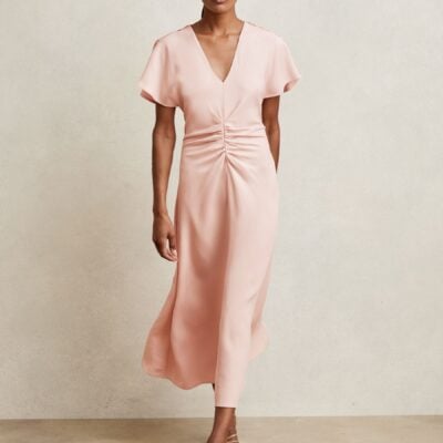 Reiss Pale Pink Rowe Ruched-Front Midi Dress