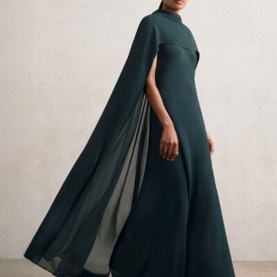 Reiss Teal Green Greta Petite Crepe Cape Maxi Dress