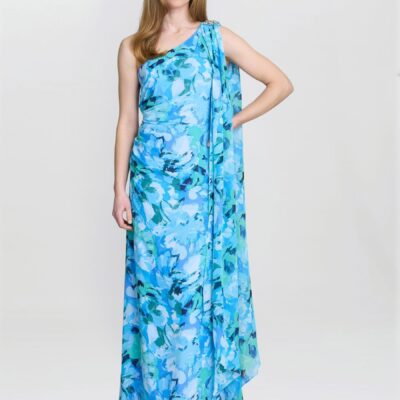 Gina Bacconi Blue Amelie Printed Chiffon Maxi Dress With Beaded Shoulder