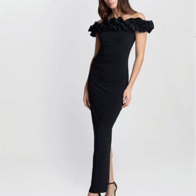 Gina Bacconi Black Sabrina Jersey Ruffle Neck Maxi Dress