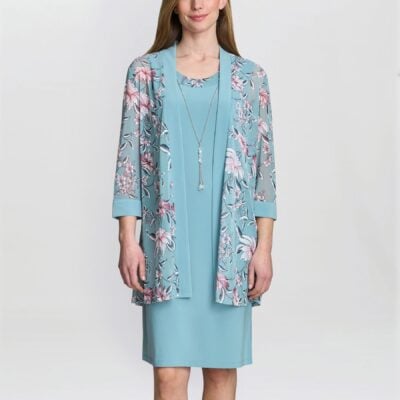 Gina Bacconi Blue Callie Printed Dress and Jacket with Detachable Necklace