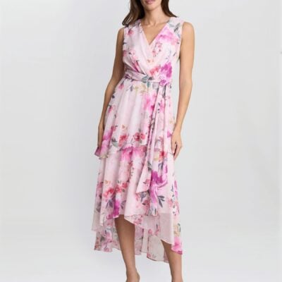 Gina Bacconi Pink Evelynn Floral Print Wrap Effect Hi-Low Dress