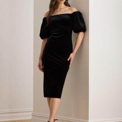 Lauren Ralph Lauren Black Faraine Velvet Off The Shoulder Puff Sleeve Midi Dress
