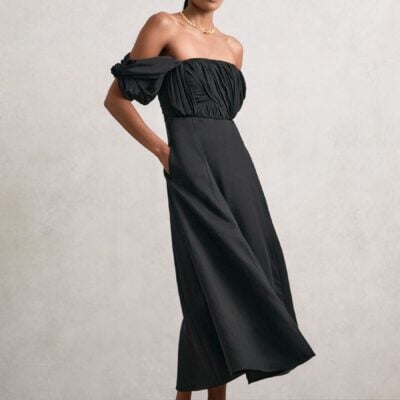 Reiss Black Frankie Bardot Sculpted Bodice Midi Dress With Linen