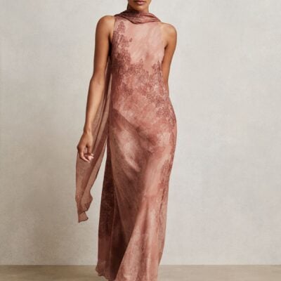 Reiss Pale Pink Lacey Chiffon Floral Cape Maxi Dress
