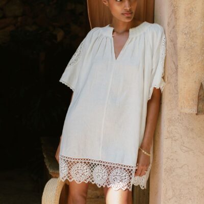 Reiss Ivory Carina Linen Embroidered Shift Dress
