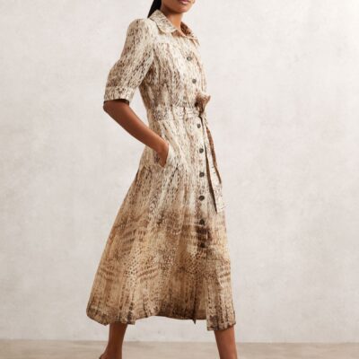 Reiss Neutral Malika Animal-Print Belted Shirt Dress