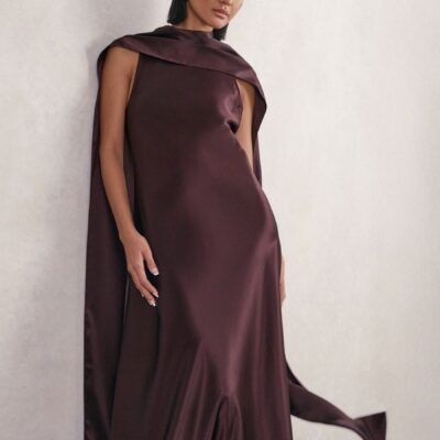 Reiss Burgundy Fae Petite Satin Cape Maxi Dress
