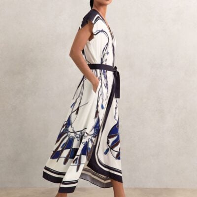 Reiss Blue/Brown Gemma Scarf-Print V-Neck Belted Midi Dress