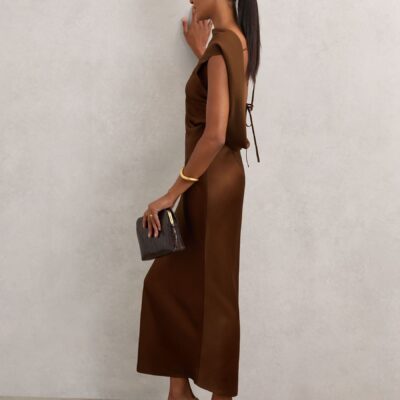 Reiss Bronze Alula Petite Satin Draped Open-Back Dress