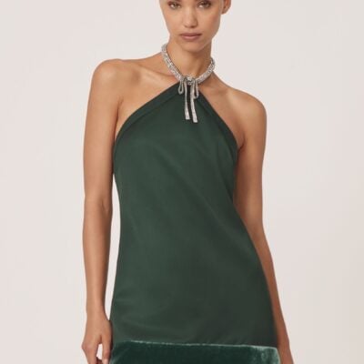 Reiss Green Sina Satin Crystal-Necklace Mini Dress