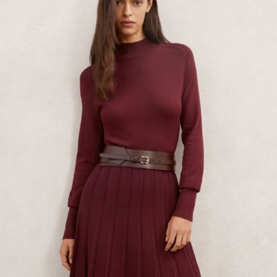 Reiss Raspberry Red Alicia Petite Belted Knit Pleated Midi Dress